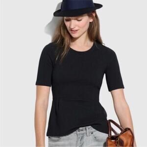 Madewell Tailored Peplum Top Black Ribbed SMALL Minimalist Coastal Cowgirl